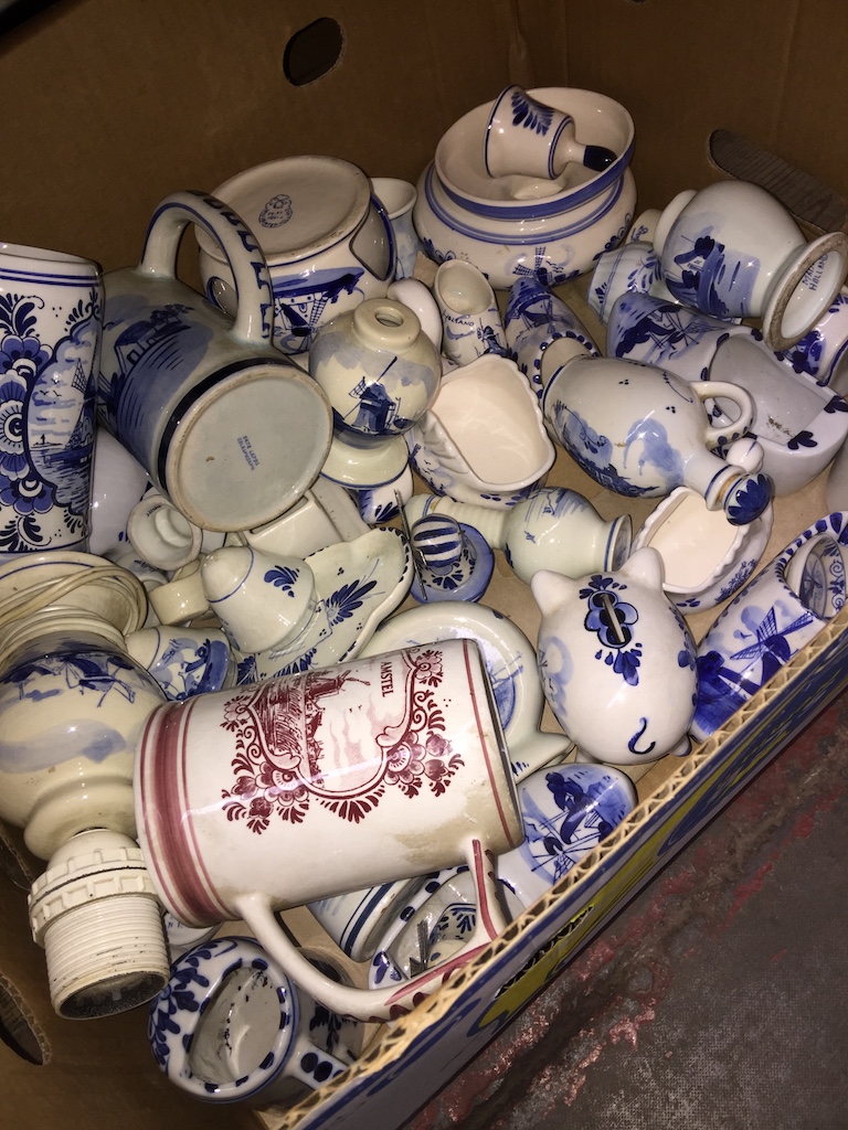 A box of Delft ware etc