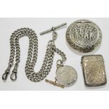 A mixed lot comprising a hallmarked silver Albert chain, a Dutch silver pill box and a hallmarked