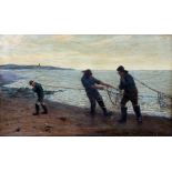 Alfred Harvey Moore (1843-1905), pulling the nets, oil on canvas, 102cm x 60cm, signed lower
