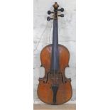 An antique violin, two piece maple back and sides, spruce top, length of back 37cm, with hard case