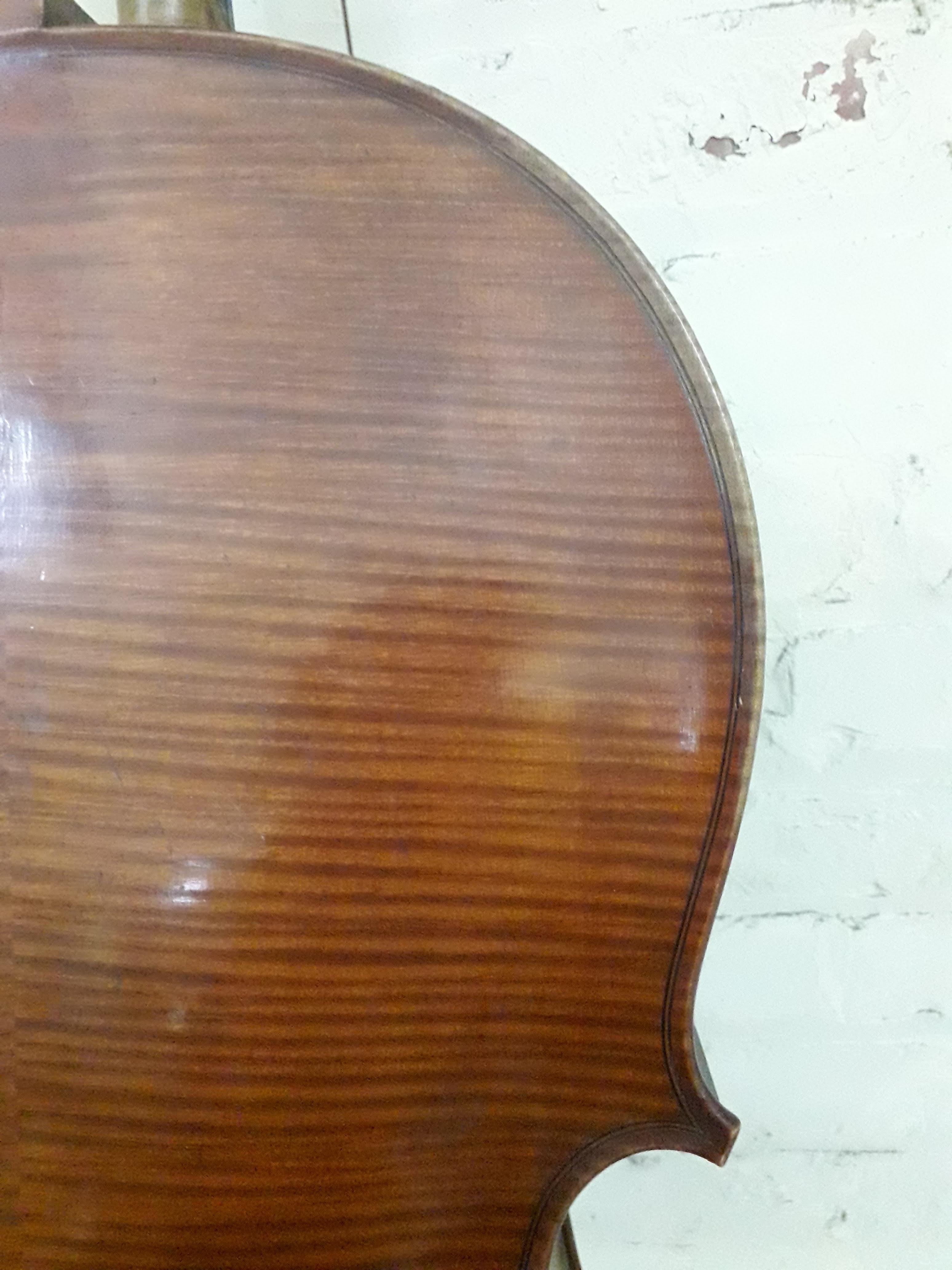 An antique cello, two piece flame maple back and sides, spruce top, length of back 79cm. Condition - - Image 26 of 29