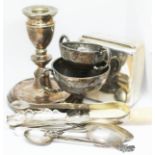 A mixed lot of mainly hallmarked silver including a cigarette box, a candlestick, two trophies, a