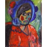James Lawrence Isherwood (1917-1989), "Woman in Blue Hat After Jawlensky",, oil on board, 35.5cm x
