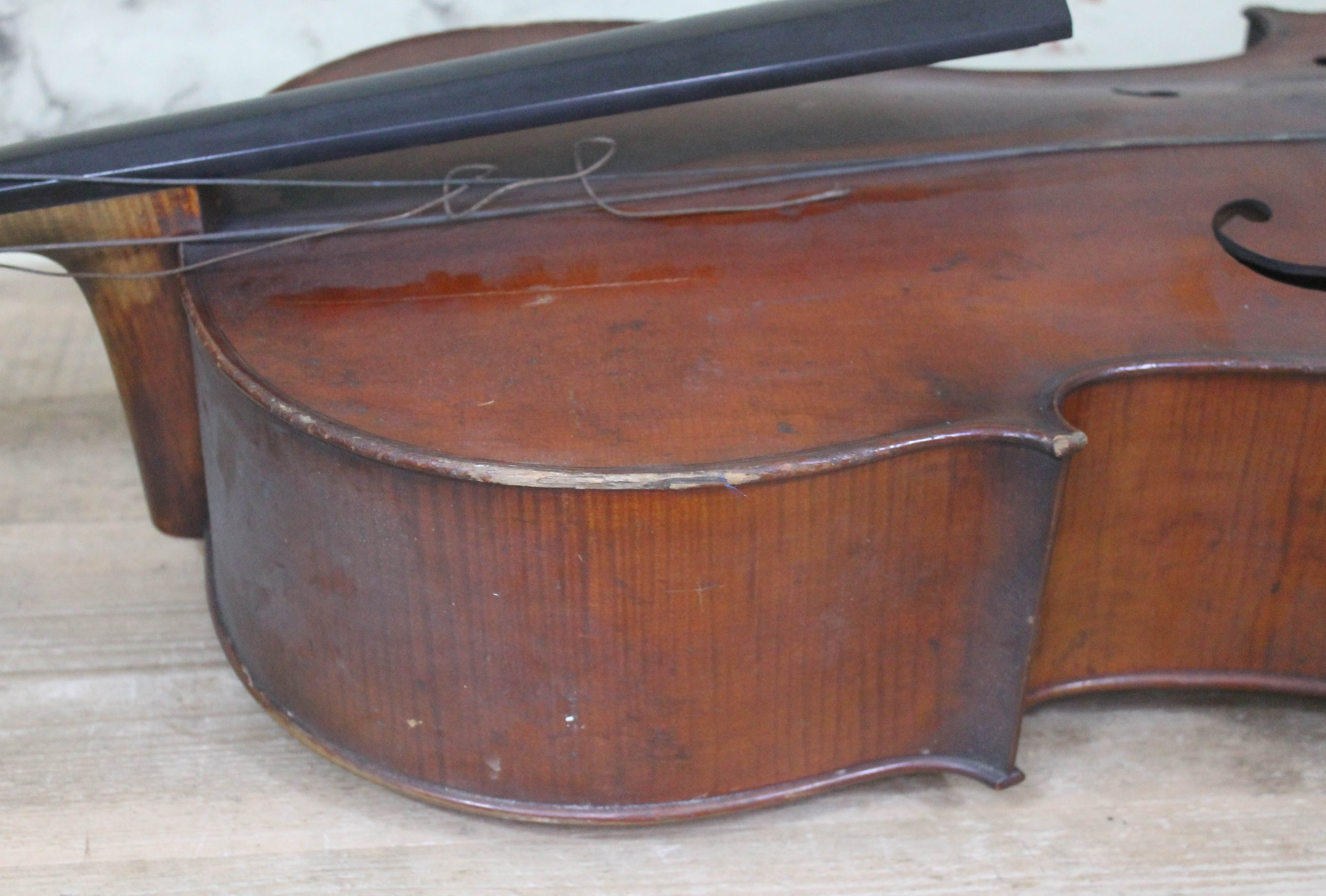 An antique cello, two piece flame maple back and sides, spruce top, length of back 79cm. Condition - - Image 6 of 29