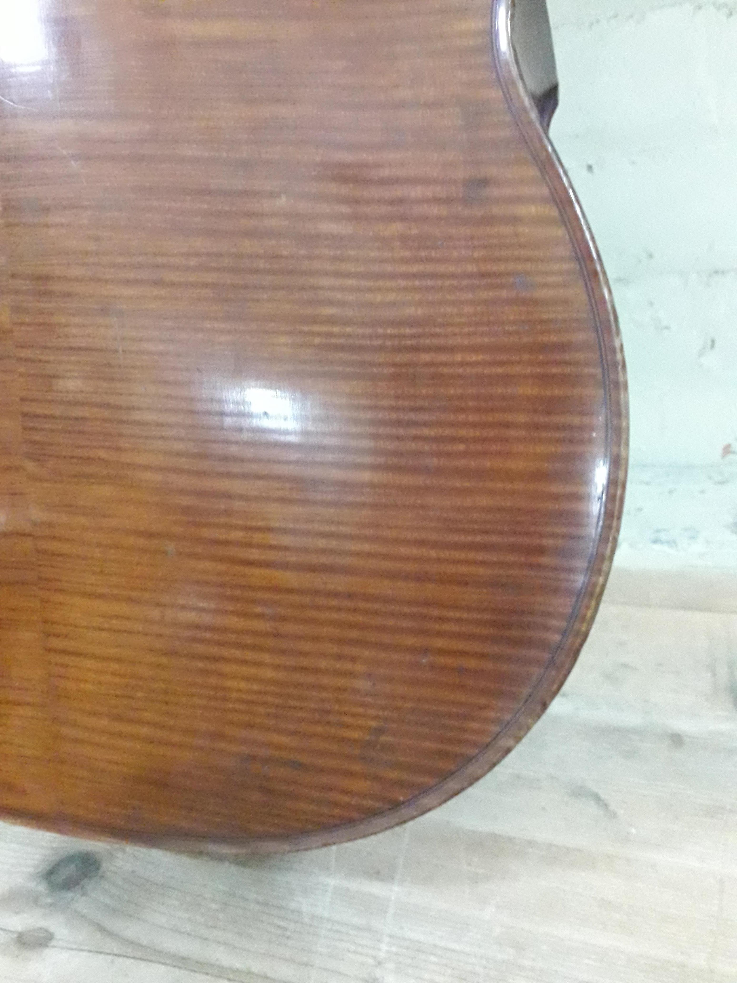 An antique cello, two piece flame maple back and sides, spruce top, length of back 79cm. Condition - - Image 29 of 29