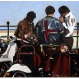 David Barrow (b1959), a group of mods with scooters, oil on board, 29cm x 29cm, signed lower