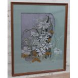 20th century school, "Dusk Daisies", still life, embroidery, 42cm x 47cm, labelled verso, glazed and