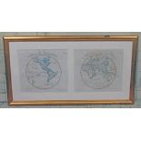 A pair of framed maps, Stieler's Hand Atlas No.6 & No.7, Westliche Halbkugel & Oestliche