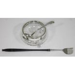 A mixed lot of hallmarked silver comprising a pickle fork with turned wooden handle, a mustard spoon
