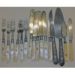 A mixed lot of cutlery comprising a set of 12 silver plated mother of pearl handled knife and forks,