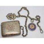 A silver chain with vesta case and two fobs, clasp, vesta and fobs with hallmarks, length 35cm,