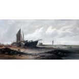 19th century school, coast scene, oil on canvas, 60cm x 29cm, unsigned, framed 81cm x 51cm.