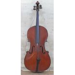 An antique cello, two piece flame maple back and sides, spruce top, length of back 79cm. Condition -