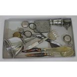 A mixed lot of silver plated and other items including a wine funnel, sovereign cases, cutlery, etc.