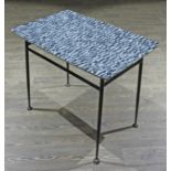 A retro kitchen table with grey patterned formica type top and black spindle legs.