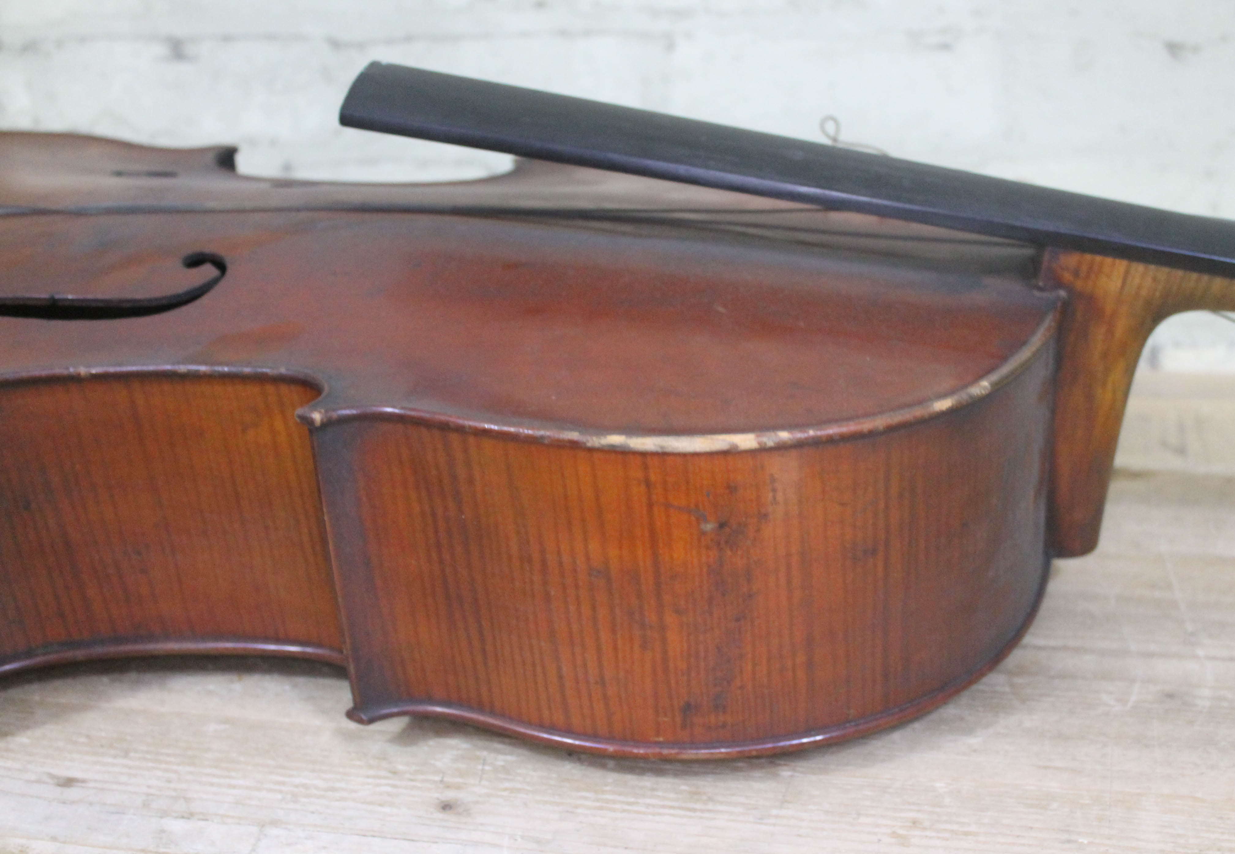 An antique cello, two piece flame maple back and sides, spruce top, length of back 79cm. Condition - - Image 3 of 29