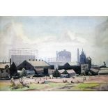 A.J. Corfield "Mather & Platts", northern scene, watercolour, 36cm x 27cm, signed and dated 1949
