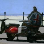 David Barrow (b1959), two mods with scooters, oil on board, 29cm x 29cm, signed lower right,