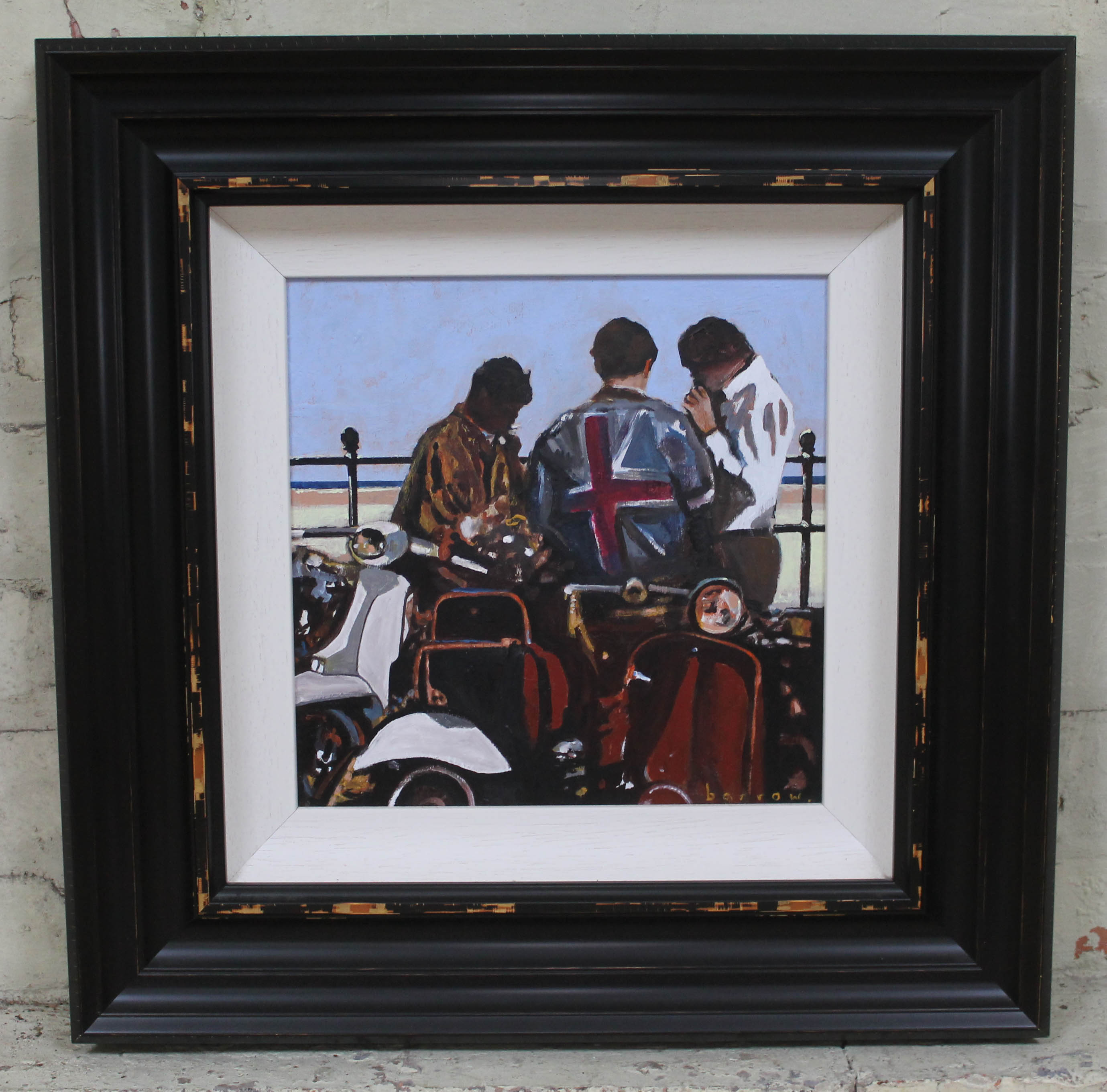 David Barrow (b1959), a group of mods with scooters, oil on board, 29cm x 29cm, signed lower - Image 3 of 3