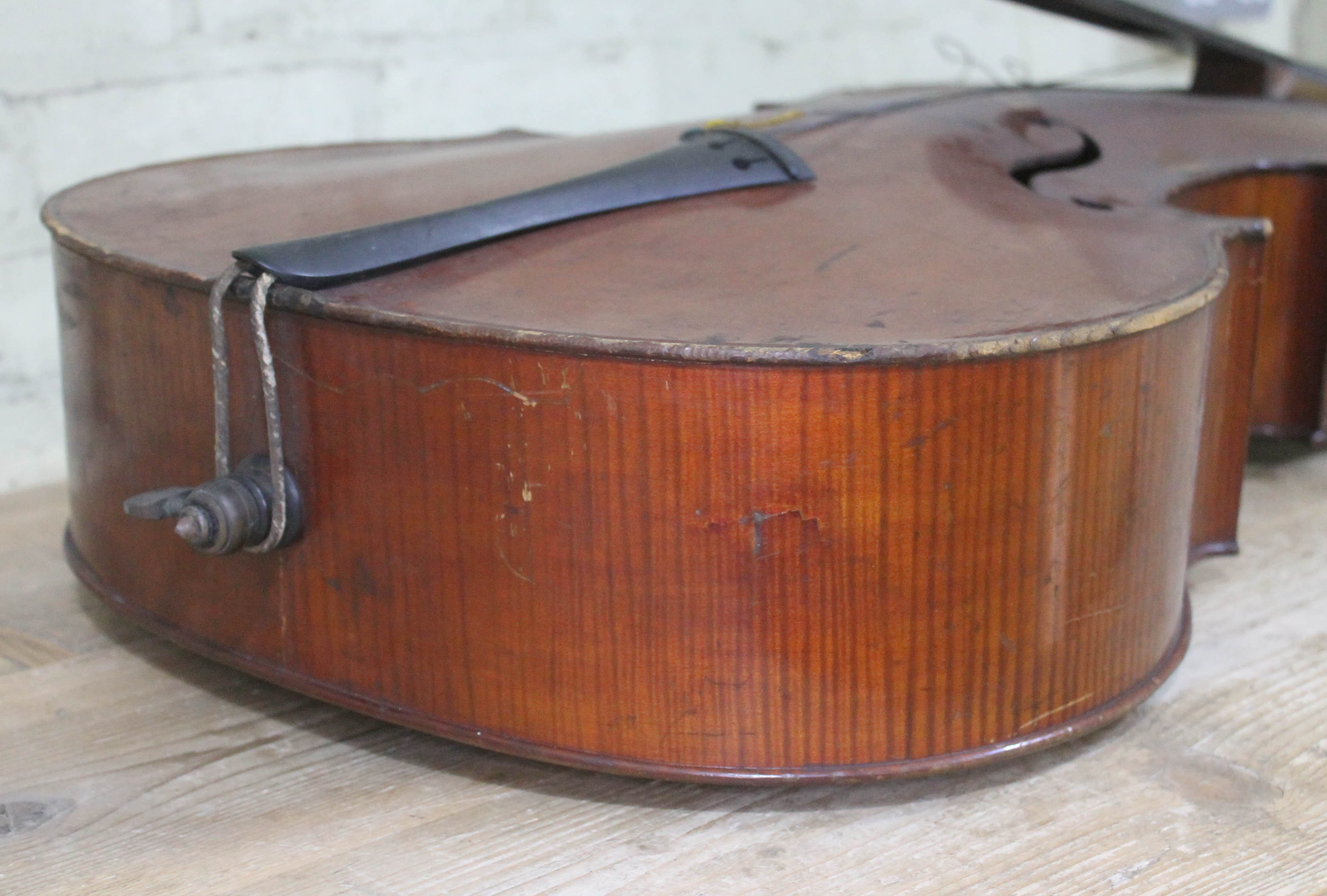 An antique cello, two piece flame maple back and sides, spruce top, length of back 79cm. Condition - - Image 4 of 29