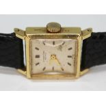 A ladies 18ct gold 1950s International Watch Co cocktail watch with signed champagne dial, hour