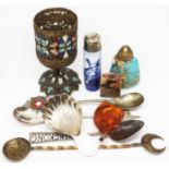 A mixed lot to include various eastern items, hallmarked silver including a caddy spoon, an amber