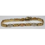 A three colour 9ct gold bracelet, wt. 8.06g, length 19.5cm.