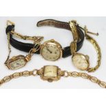 A group of four hallmarked 9ct gold wristwatches, three with rolled gold straps and one with leather