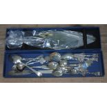 A mixed lot hallmarked and foreign silver including a silver handled cake knife, mustard spoons, jam