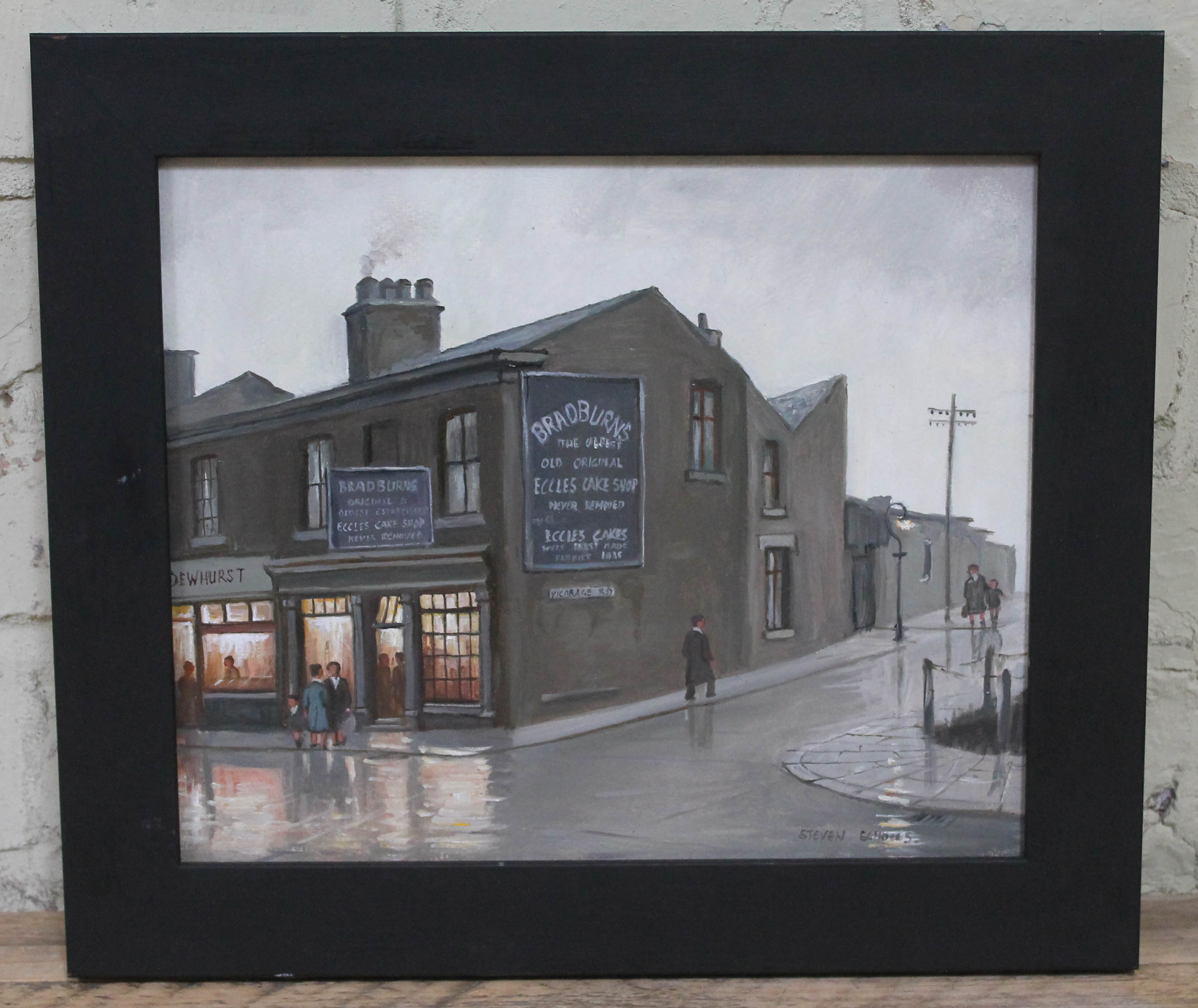 Steven Scholes (b1952), "The Original Eccles Cake Shop Eccles 1962", oil on board, 29cm x 24cm, - Image 2 of 2