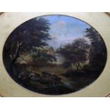 English 19th century school, country scene, oil on board, oval, 35cm x 28cm, unsigned, framed,