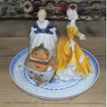 A mixed lot comprising two Royal Doulton figures, a Chinese dish and a Japanese potpourri.