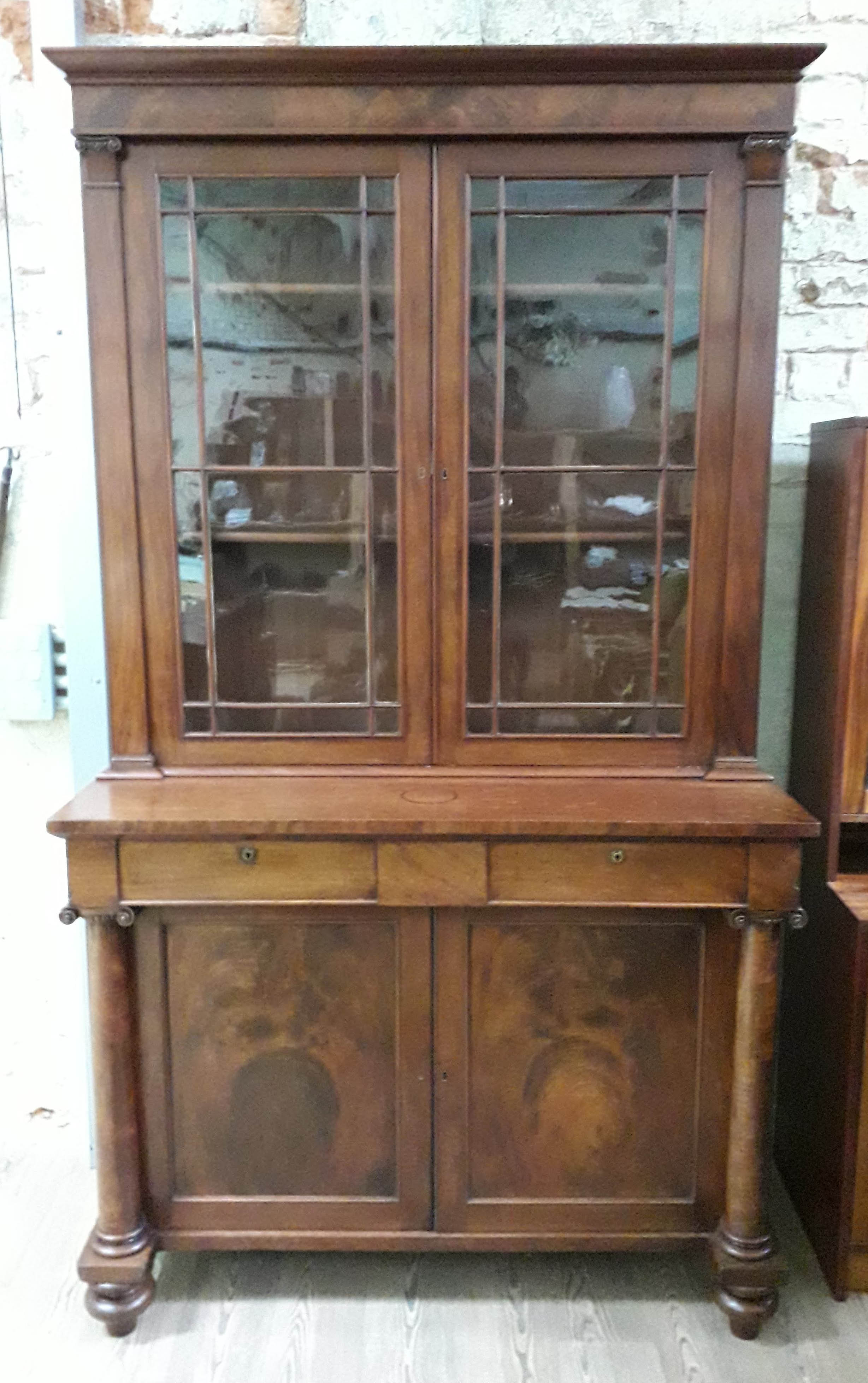 An early Victorian mahogany cabinet bookcase, the top section with cornice, glazed doors and faux - Image 2 of 2