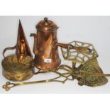 A mixed lot of antique brass and copper items comprising a copper chocolate pot, copper scoop, brass