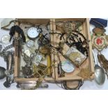 A wooden box and contents including yellow and white metal items, a pocket watch, a WWII star etc.