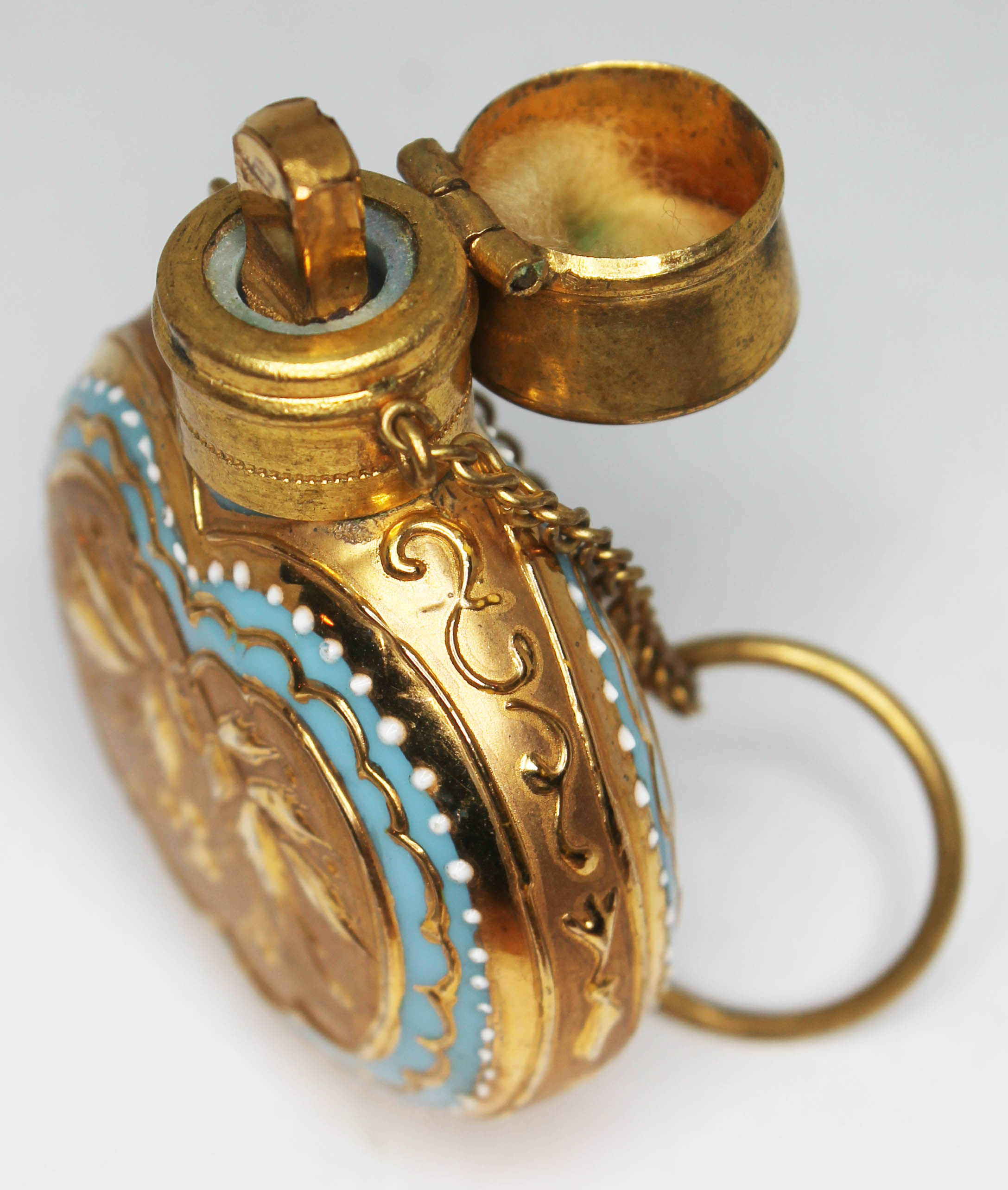 A continental gilt and enamelled glass scent bottle, length 55mm. Condition - part of glass - Image 2 of 3