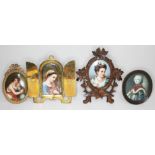 Four 19th century portrait miniatures comprising three hand painted on porcelain plaques and one