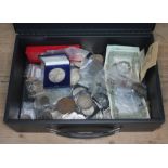 A safe box containing various GB and world coins including a reproduction thaler, a Russian 1792