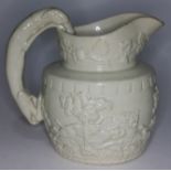 A 19th century white salt glazed jug decorated all over with hunting scene, height 16cm.