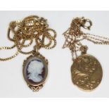 Hallmarked 9ct gold comprising a hard stone cameo pendant on chain and a locket on chain, gross
