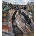 20th century school, steam trains, oil on board, 28cm x 31cm, signed 'Forgioli'(?), framed, 45cm x