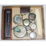 A mixed lot of items including WWI & WWII compass, coin case, silver pill box, etc.