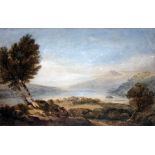 Manner of Anthony Van Dyke Copley Fielding, lake scene, watercolour, 24cm x 17cm, indistinctly