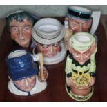 A collection of five Royal Doulton character jugs comprising The Baseball Player D6878, Mr Pickwick,