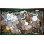 A wooden box of various GB and foreign coins.