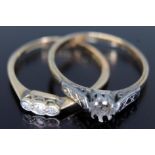 Two rings marked '18ct&PT', one set with three diamonds, gross wt. 3.24g, size M.