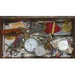 A wooden box and contents including a pocket watch, medallions, badges etc.