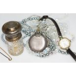 A mixed lot comprising a hallmarked silver topped scent bottle, glass beads, simulated pearls, a