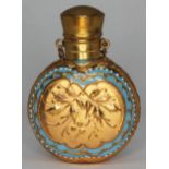 A continental gilt and enamelled glass scent bottle, length 55mm. Condition - part of glass