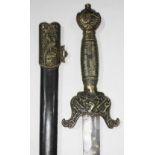 A Boxer Rebellion style Chinese sword and scabbard with gilt brass relief decoration.